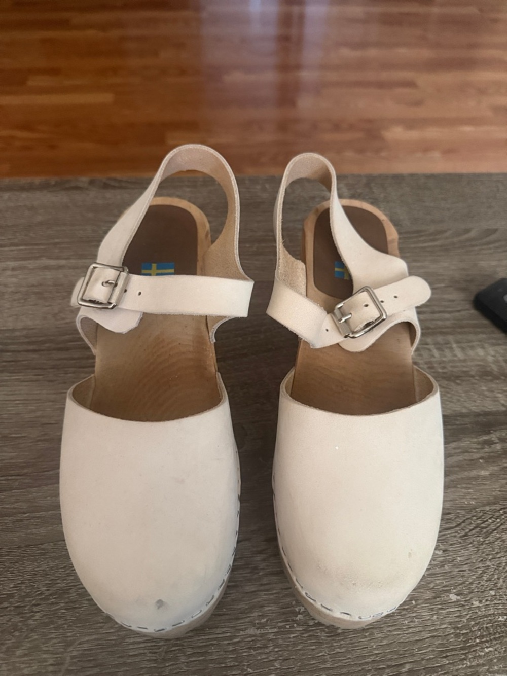 White Leather Slingback Clogs with Buckle